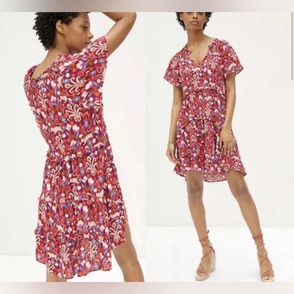 Anthropologie Robin Tiered Mini Dress Viscose Ruffle Sleeves Size XS/S Womens